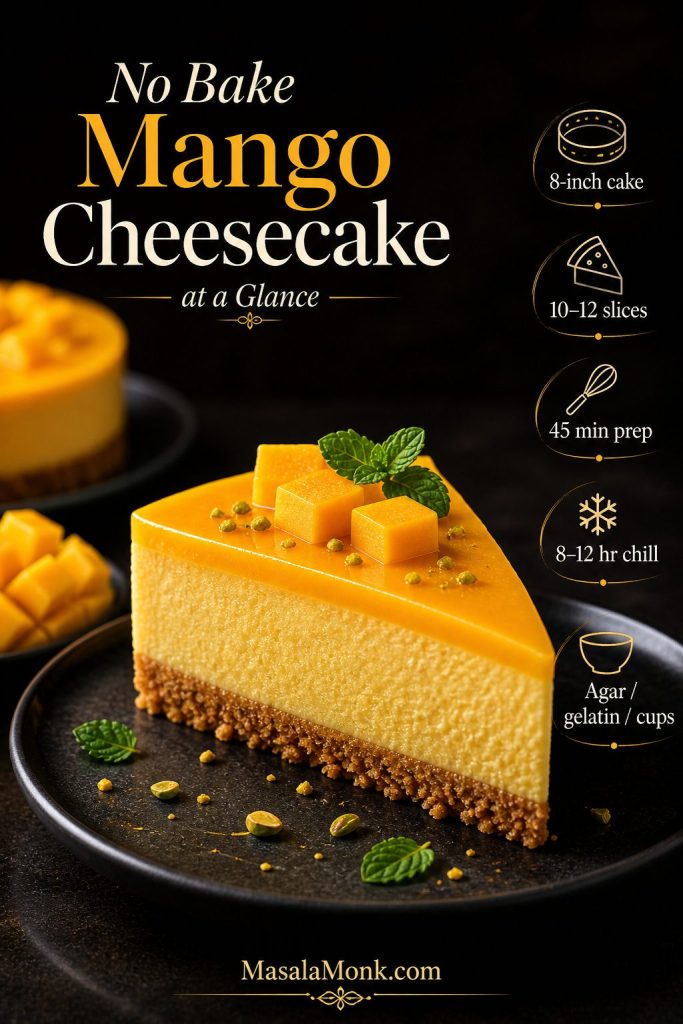 Informational graphic with a slice of no bake mango cheesecake and text noting 8-inch cake, 10–12 slices, 45 minutes prep, 8–12 hours chill, and agar, gelatin, or cups.