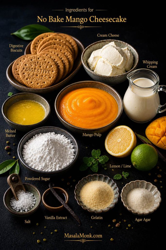 Ingredient spread for no bake mango cheesecake with biscuits, butter, cream cheese, cream, mango pulp, sugar, lemon or lime, agar agar, and gelatin.