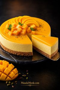 Whole no bake mango cheesecake with one slice lifted, showing a biscuit base, creamy mango filling, and glossy mango topping on a dark surface.