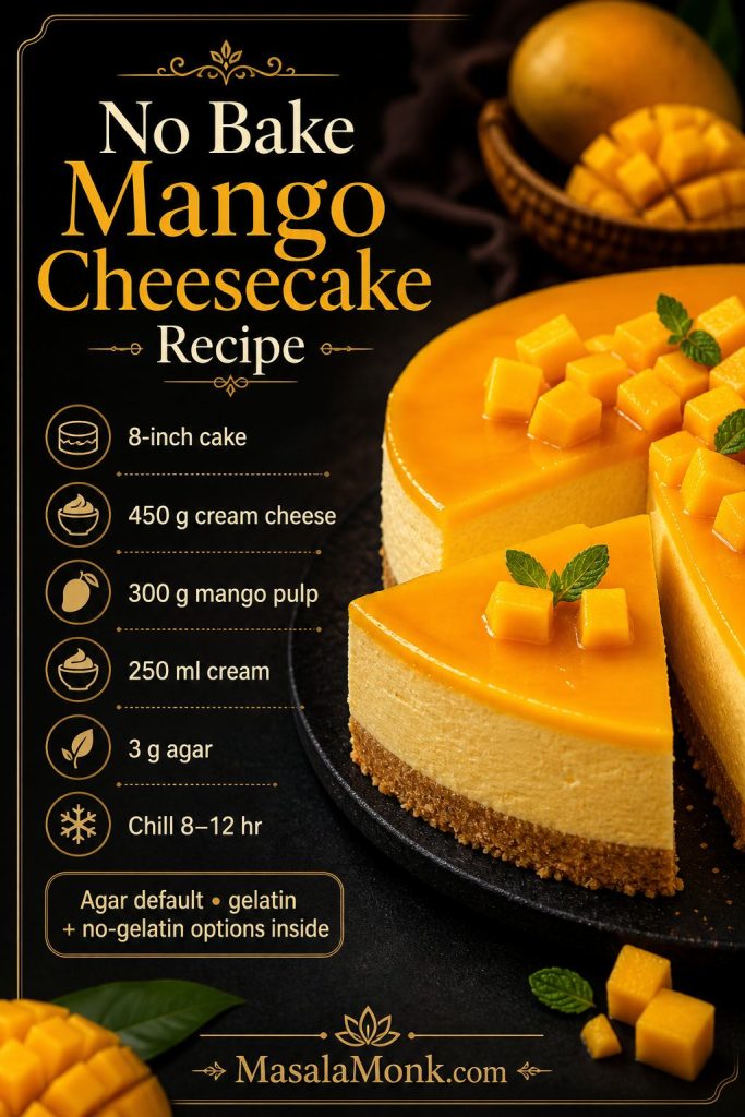 Recipe card graphic for no bake mango cheesecake showing an 8-inch cake formula with cream cheese, mango pulp, cream, agar, and 8 to 12 hours chill time.