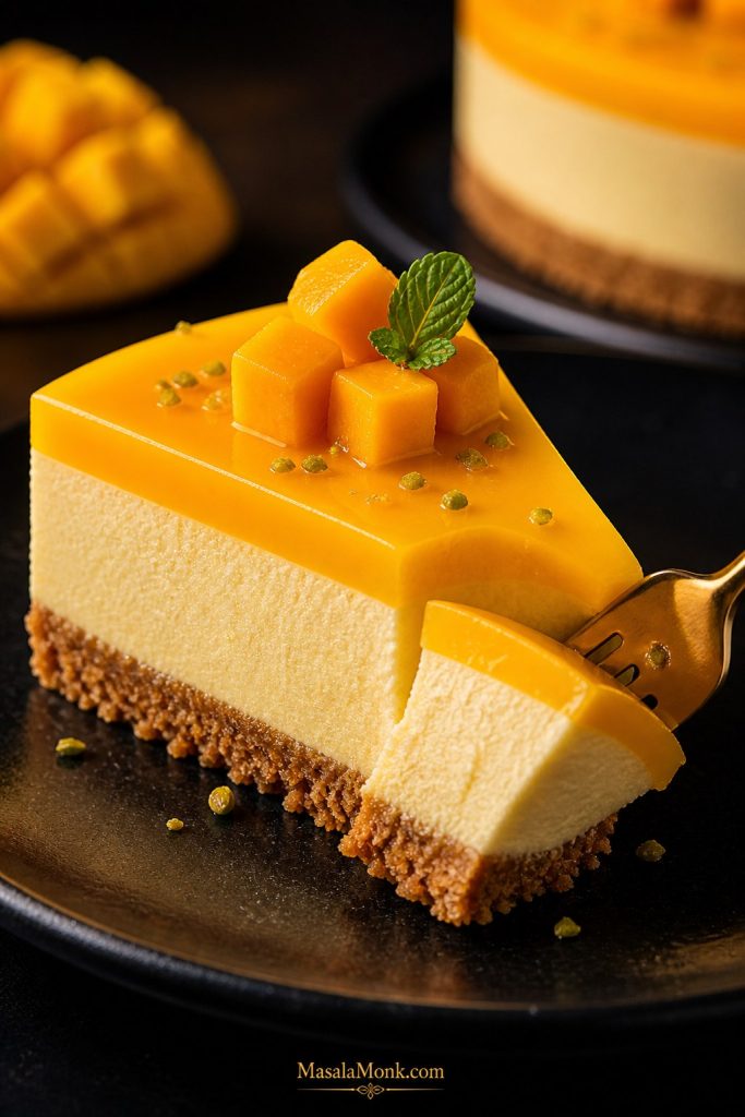 Close-up slice of no bake mango cheesecake on a plate with a fork, showing the crumb crust, creamy mango cheesecake layer, and shiny mango topping.