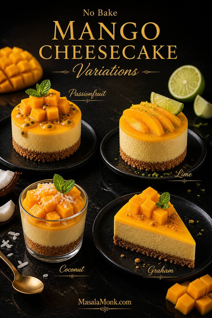 Graphic showing four no bake mango cheesecake variations labeled passionfruit, lime, coconut, and graham.