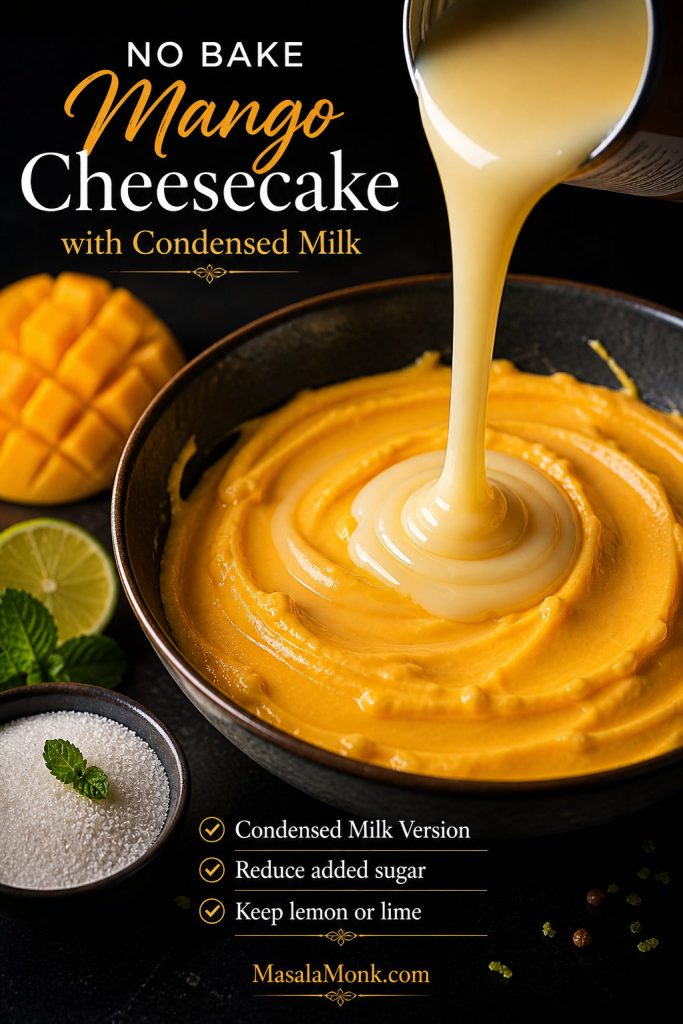 Thick condensed milk being poured into mango cheesecake filling with citrus nearby.