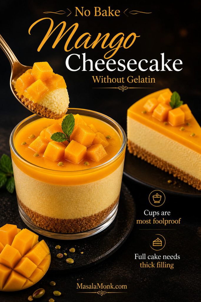 Graphic showing no-gelatin mango cheesecake cups in the foreground and a softer no-gelatin cheesecake slice in the background.