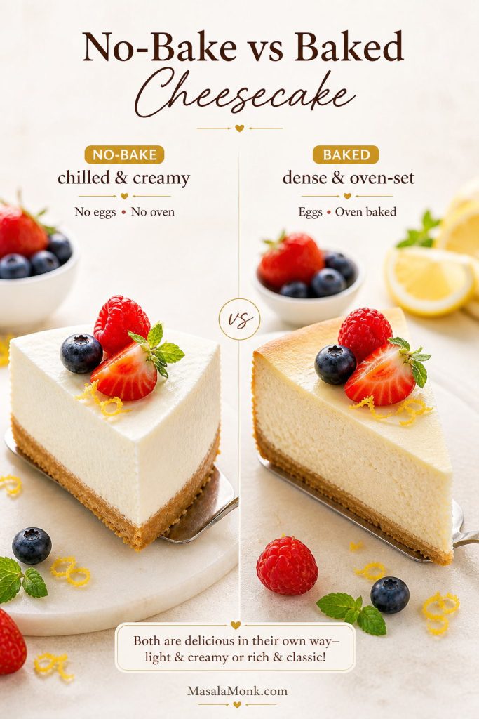 No-bake cheesecake and baked cheesecake slices compared, showing chilled creamy texture and denser oven-set texture