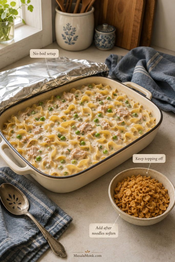 No-boil tuna noodle casserole setup with noodles under sauce, foil nearby, and topping kept separate.