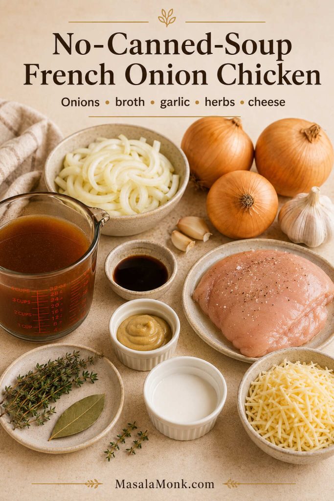 No-canned-soup French onion chicken ingredients with onions, broth, garlic, herbs, slurry, chicken, and cheese.