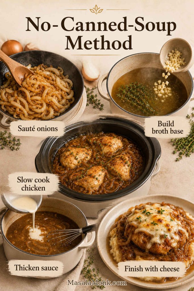 No-canned-soup French onion chicken method board showing sautéed onions, broth base, slow cooking, thickening, and cheese finish.