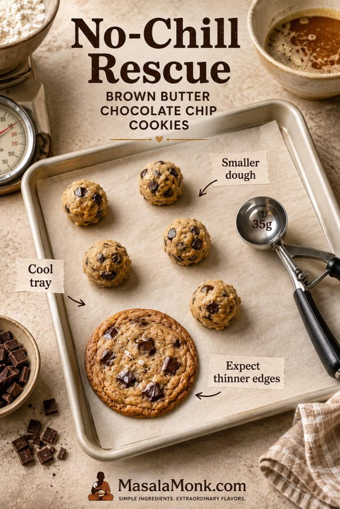 No-chill brown butter cookie rescue showing smaller dough portions on a cool tray with a thinner baked cookie.