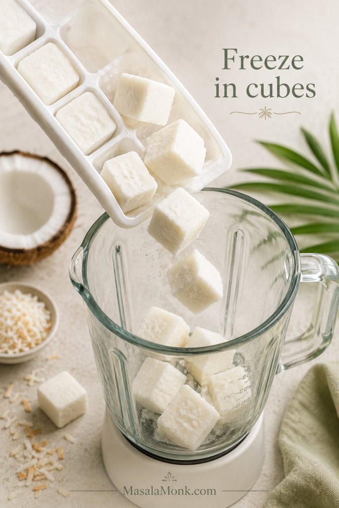 Frozen cubes of coconut ice cream base being tipped from an ice cube tray into a blender jar.