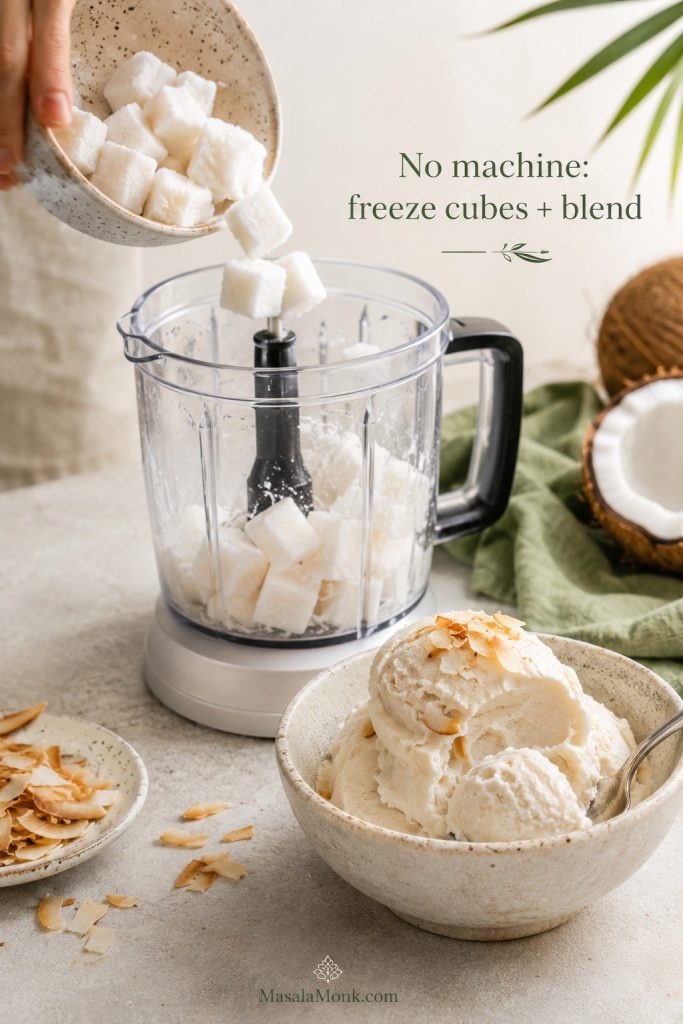 Summary scene showing the no-churn coconut ice cream method from frozen cubes to a creamy blended result.