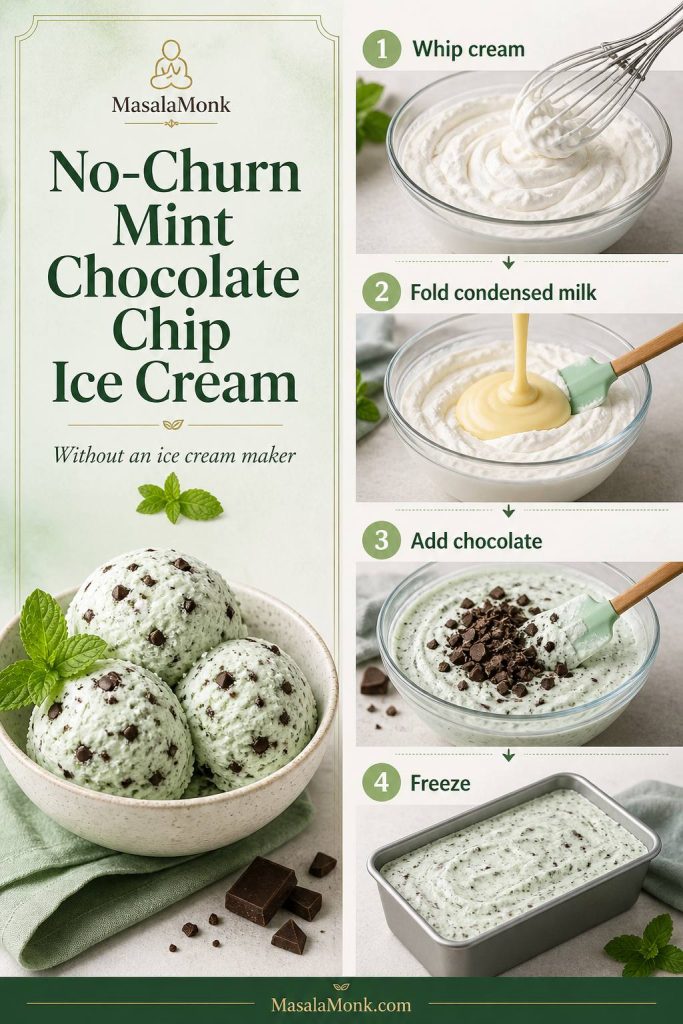 No-churn mint chocolate chip ice cream process with whipped cream, condensed milk, chopped chocolate, and a loaf pan.