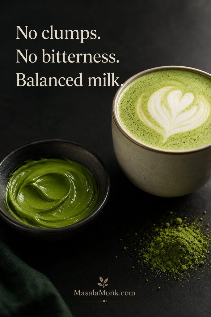 Creamy no-clump matcha latte beside a bowl of glossy green matcha paste.