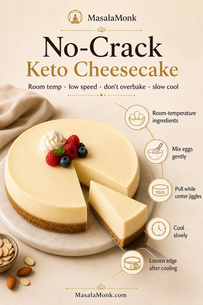 No-crack keto cheesecake guide with a smooth cheesecake top and tips for room-temperature ingredients, low-speed mixing, and slow cooling.
