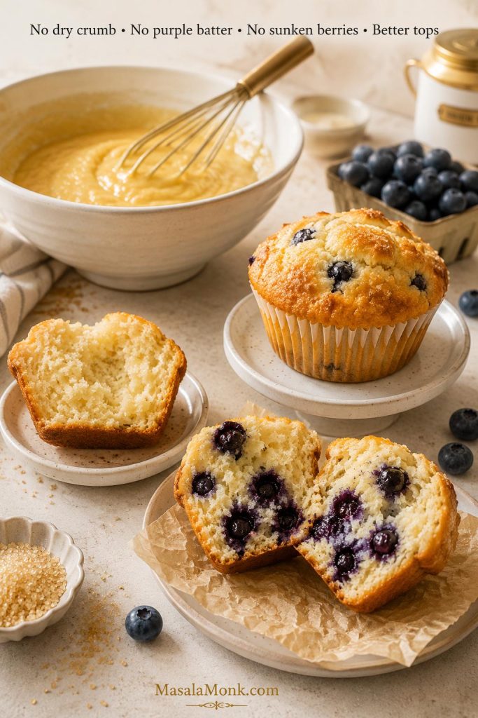 Blueberry muffin proof scene with moist crumb, clean batter, domed tops, and evenly distributed blueberries.