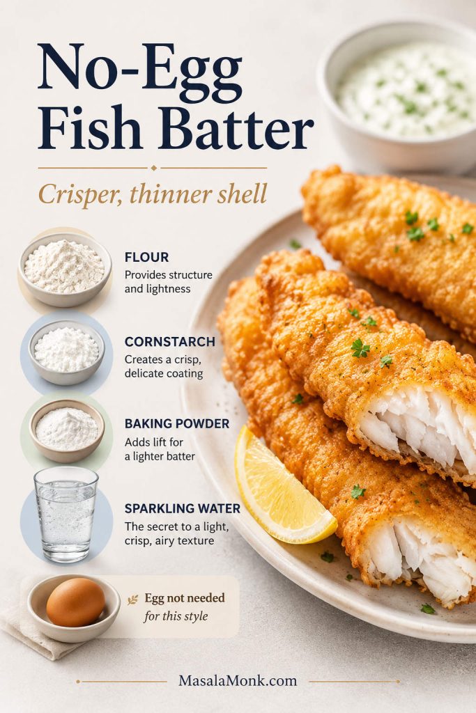 No-egg fish batter guide showing flour, cornstarch, baking powder, sparkling water, an egg off to the side, and crispy fried fish