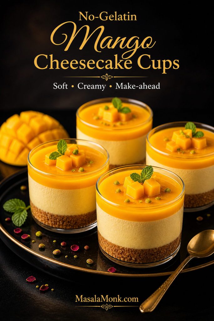 Tray of layered mango cheesecake cups with crumb bases, creamy mango filling, and glossy mango topping.