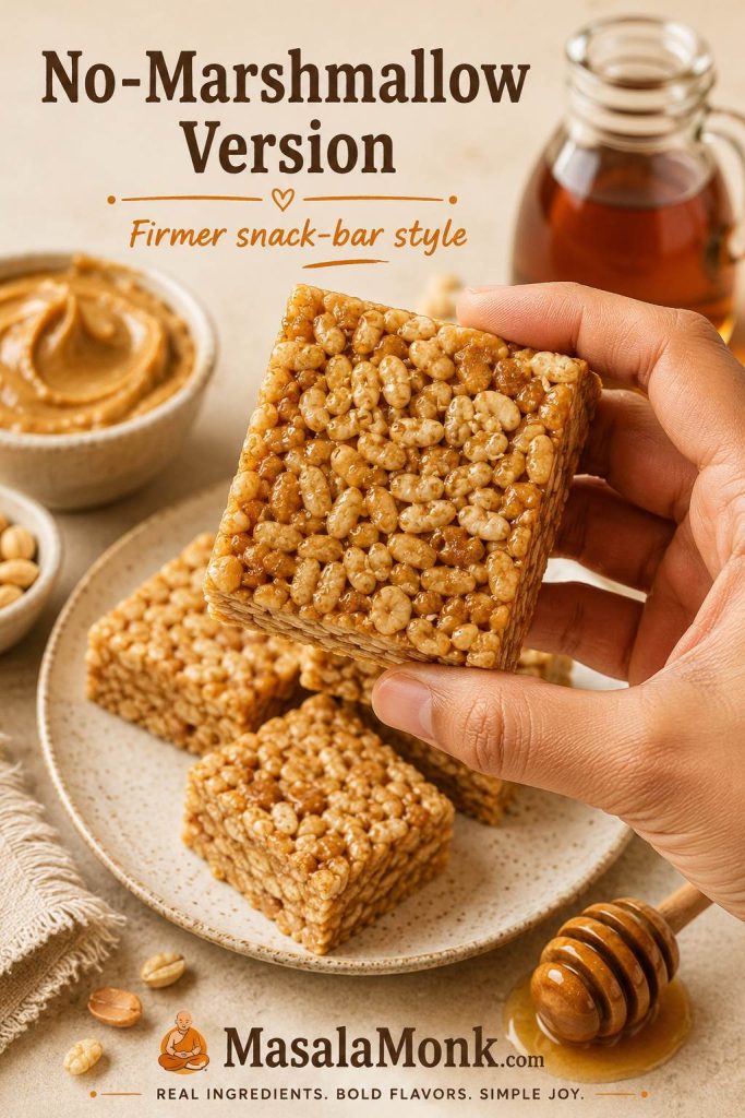 No-marshmallow peanut butter rice crispy bars made with peanut butter and honey or maple syrup.