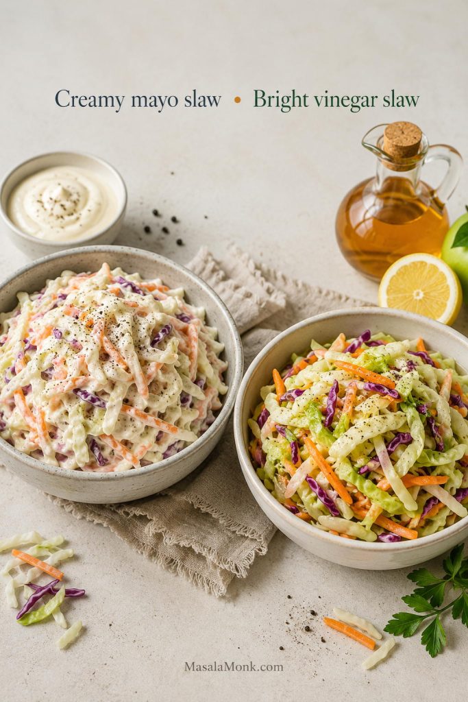 Two bowls comparing creamy mayo coleslaw with a brighter vinegar-style no-mayo coleslaw.