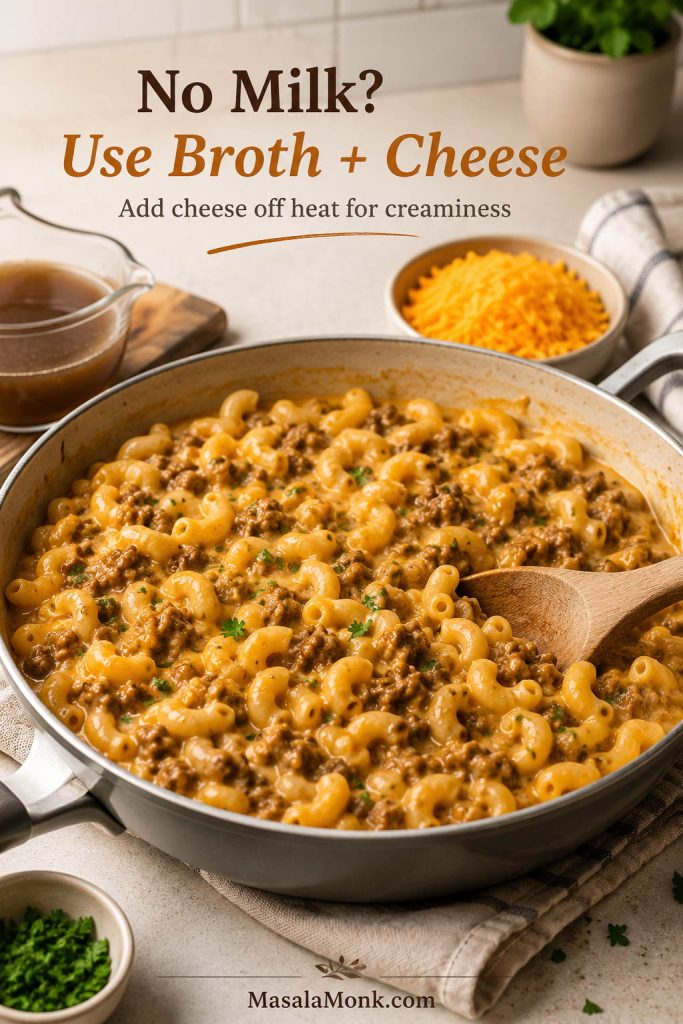 No-milk homemade Hamburger Helper made with extra broth, cheddar cheese, elbow macaroni, and ground beef in a creamy skillet sauce.