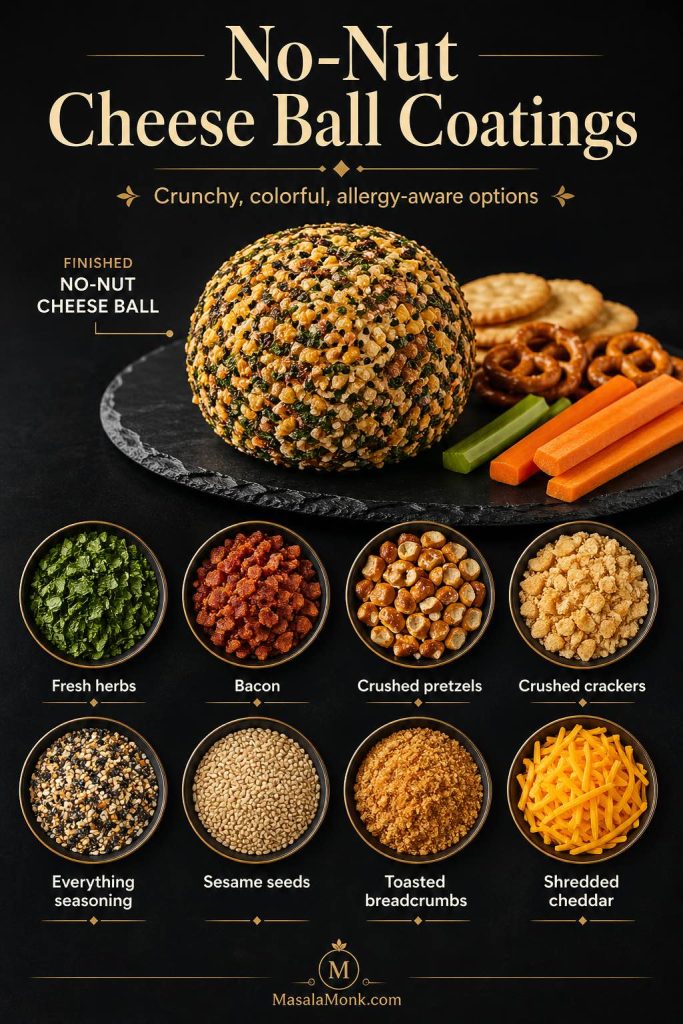 No-nut cheese ball coating guide showing a finished no-nut cheese ball with coating options including fresh herbs, bacon, crushed pretzels, crushed crackers, everything seasoning, sesame seeds, toasted breadcrumbs, and shredded cheddar.
