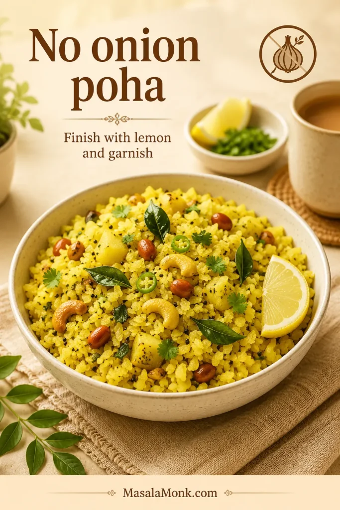 No-onion poha with potato, curry leaves, green chilli, peanuts, cashews, coriander, and lemon.