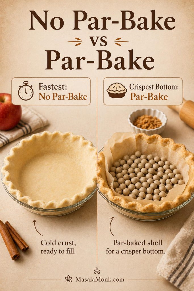 Comparison guide showing no-par-bake and par-bake methods for apple pie, with a raw chilled crust on one side and a par-baked crust on the other.