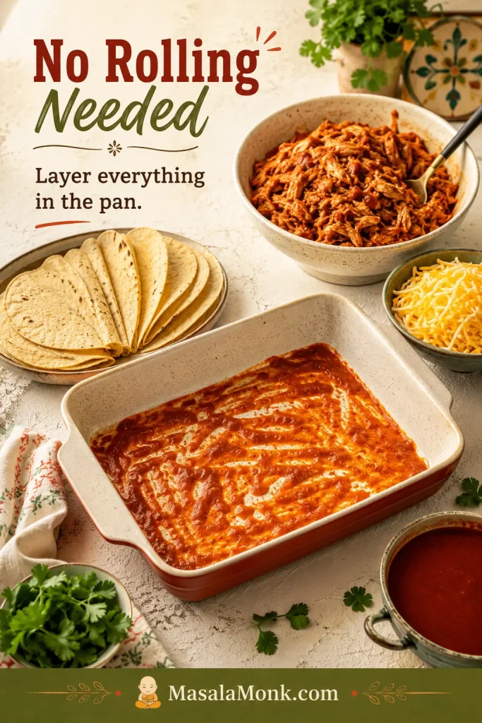 No-roll chicken enchilada casserole setup with a sauced baking dish, tortillas, shredded chicken filling, cheese, and sauce.