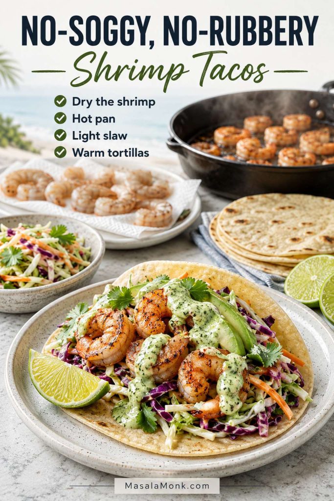Shrimp taco with juicy seared shrimp, crisp cabbage slaw, warm tortillas, and preparation cues for avoiding soggy tacos