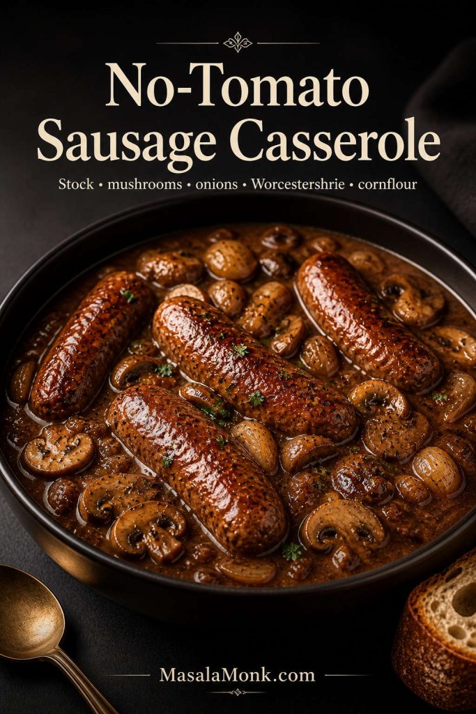 No-tomato sausage casserole with sausages, mushrooms, onions and rich brown gravy.