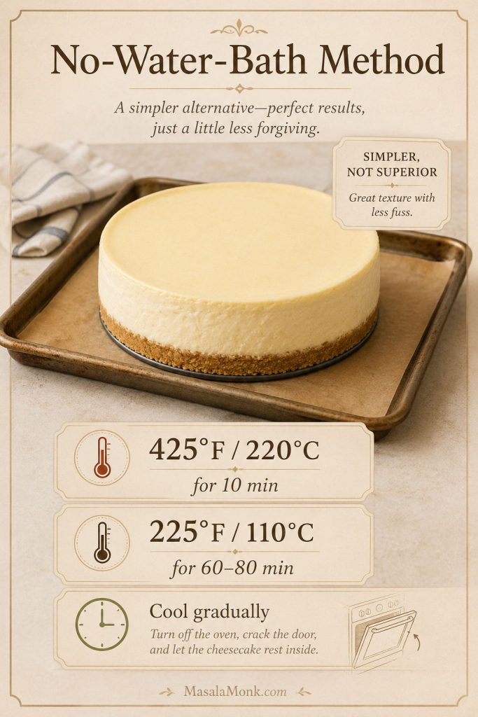 No-water-bath cheesecake method showing a high-heat start, low bake, and gradual cooling instructions.