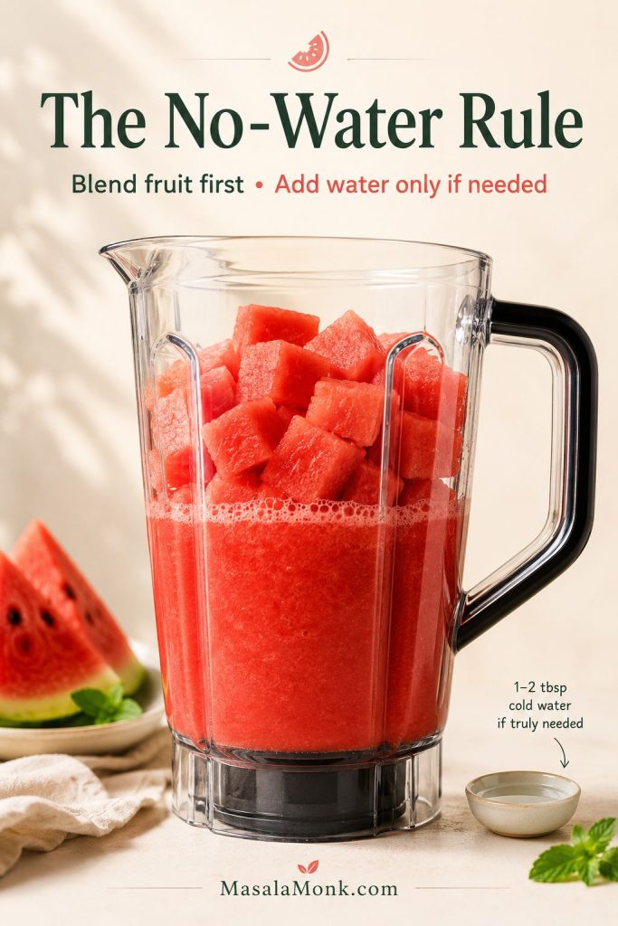 Blender filled with watermelon for the no-water method, with a small water cue only if needed.