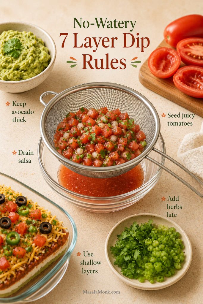 No-watery 7 layer dip rules board with salsa draining in a strainer, thick guacamole, seeded tomatoes, fresh herbs, and shallow dip layers.