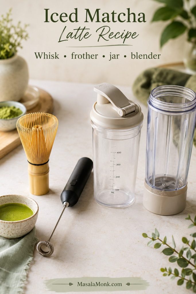 Bamboo whisk, handheld frother, shaker jar, and blender cup for making iced matcha latte