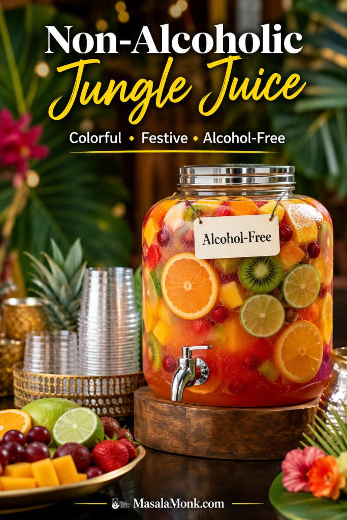 Non-alcoholic jungle juice in a labeled alcohol-free dispenser with colorful fruit punch, citrus, strawberries, ice, and party cups.
