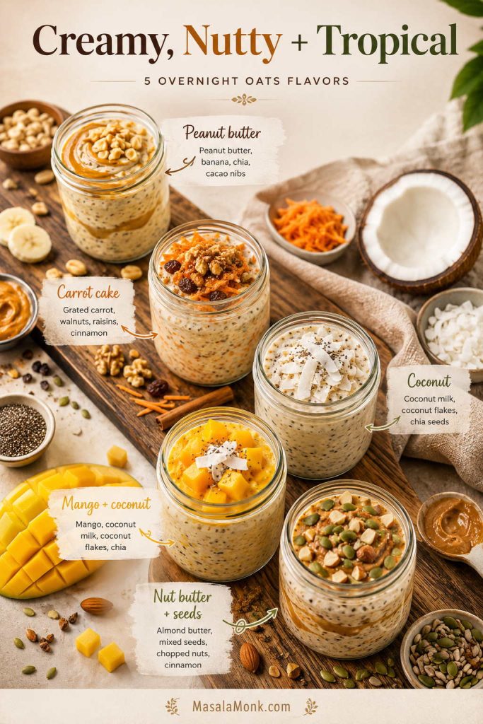 Creamy, nutty, and tropical overnight oats board with peanut butter, carrot cake, coconut, mango coconut, and nut butter seed ideas.