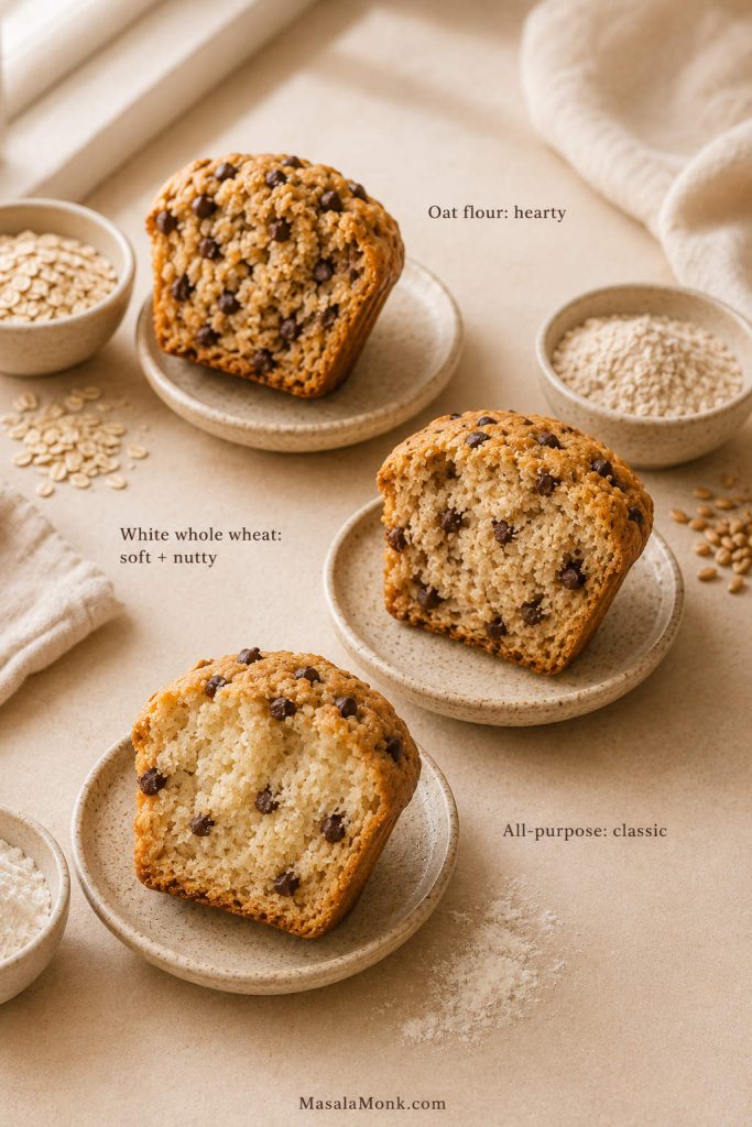 Comparison of oat flour, white whole wheat, and all-purpose flour textures in high protein muffins.
