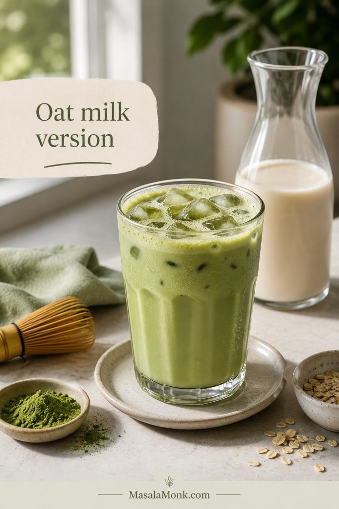 Creamy oat milk iced matcha latte with ice and an unbranded milk carafe