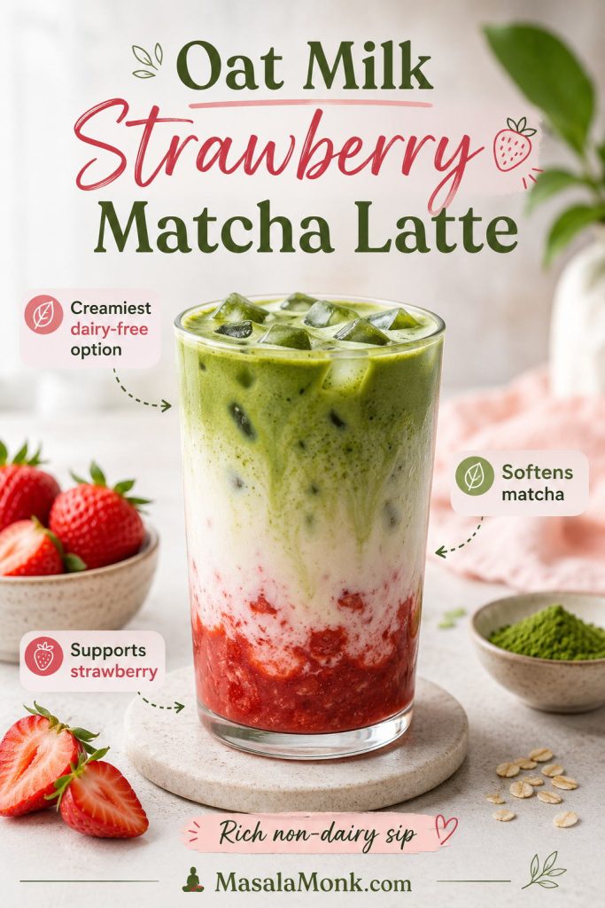 Oat milk strawberry matcha latte in a clear glass with strawberry base, milk, matcha, ice, and dairy-free callouts.