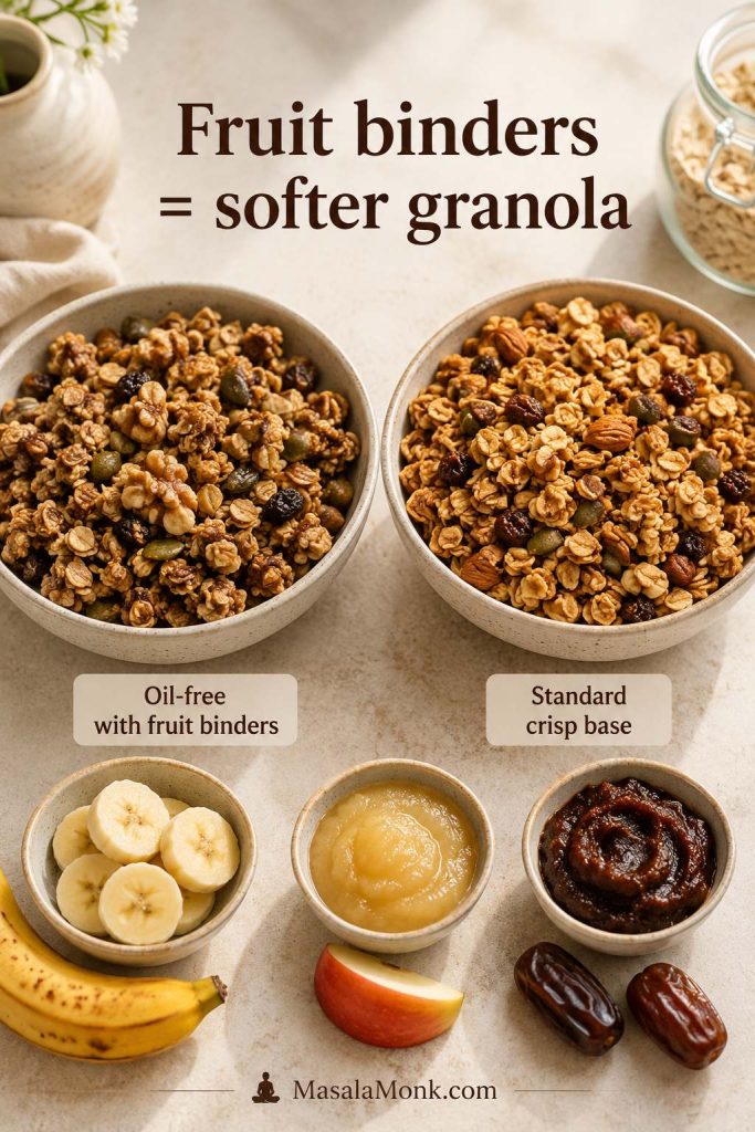 Oil-free granola comparison showing softer granola made with fruit binders beside a standard crisp granola base, with banana, applesauce, and date paste below.