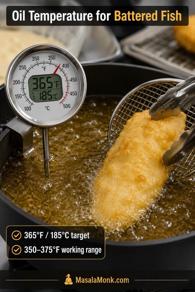 Frying thermometer in hot oil at 365°F or 185°C while battered fish is lowered into bubbling oil