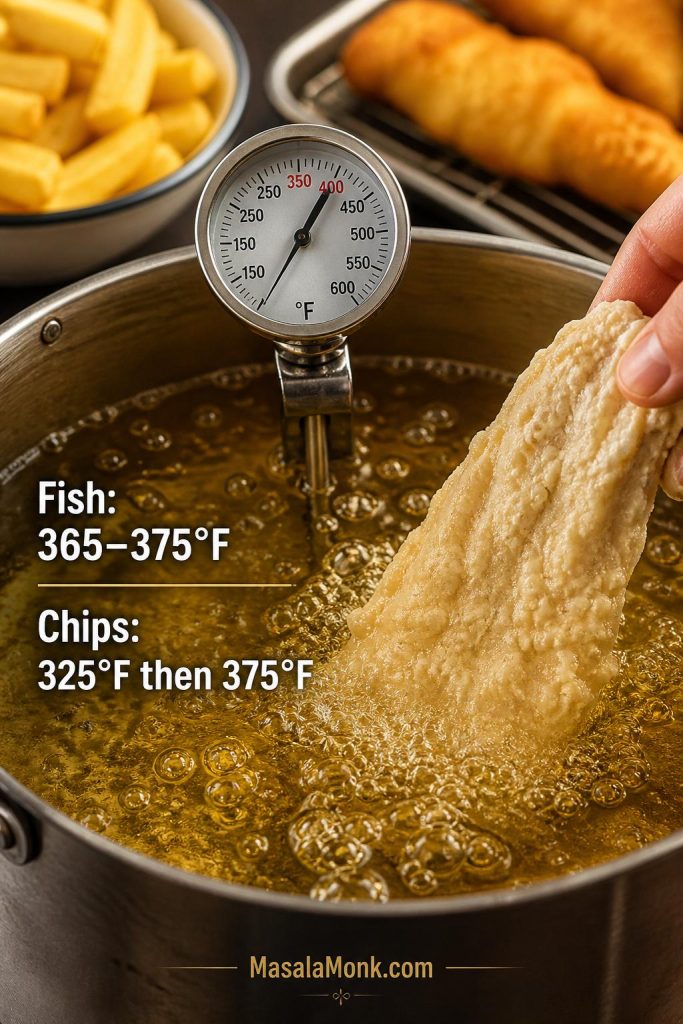 Frying thermometer in hot oil with fish and chips nearby for fish and chips temperature control.