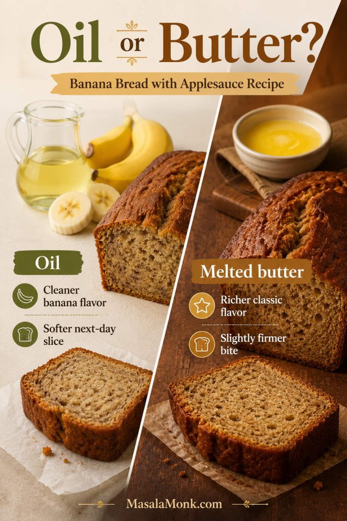Oil versus melted butter comparison for banana bread with applesauce, showing texture and flavor differences.