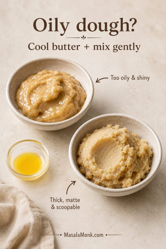 Oily almond flour cookie dough compared with properly mixed thick scoopable dough.