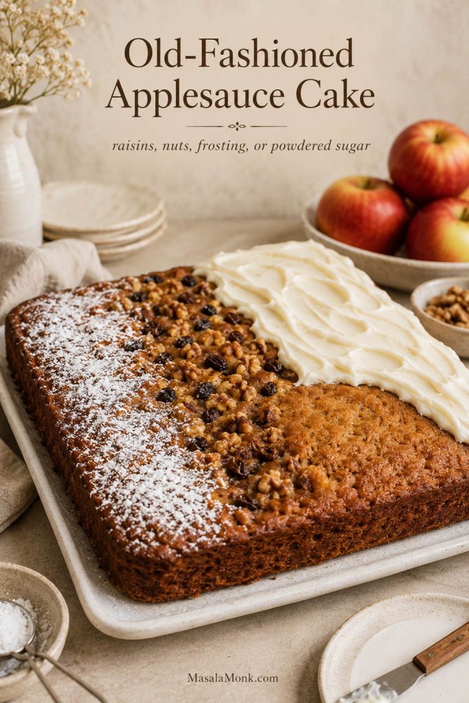 Old-fashioned applesauce cake shown with frosted, powdered sugar, raisin-walnut, and plain sections in one pan.