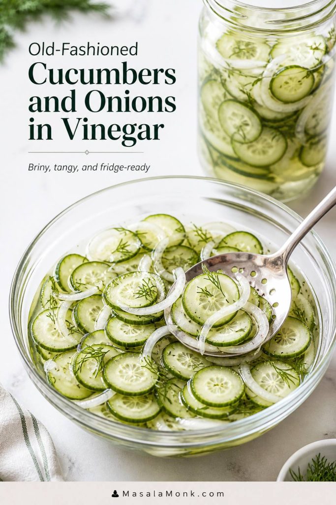 Glass bowl of old-fashioned cucumbers and onions in clear vinegar brine with dill and a slotted spoon.