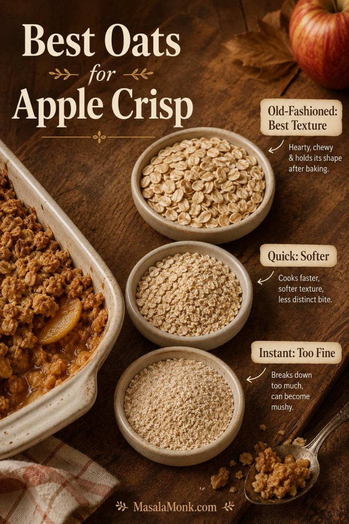 Old-fashioned oats, quick oats, and instant oats compared for apple crisp topping texture.