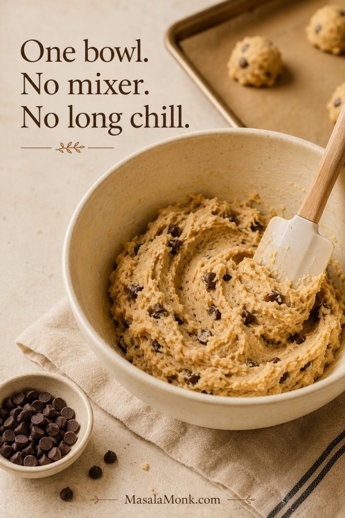 Almond flour cookie dough being mixed in one bowl with a spatula and chocolate chips nearby.