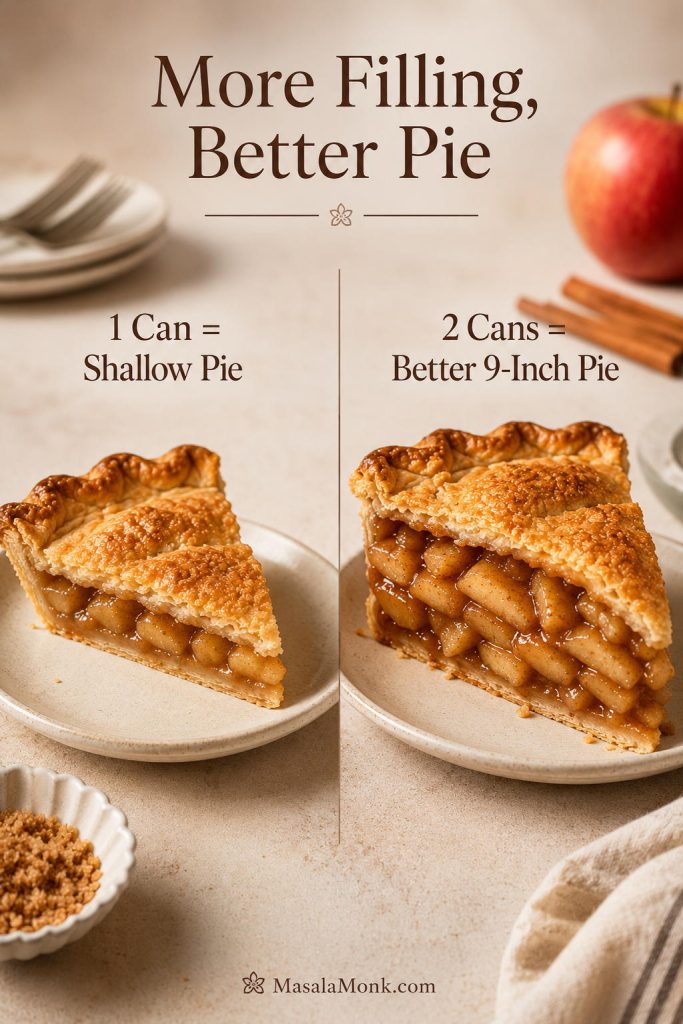 Comparison image showing a shallow apple pie made with one can of filling and a fuller apple pie made with two cans of filling.