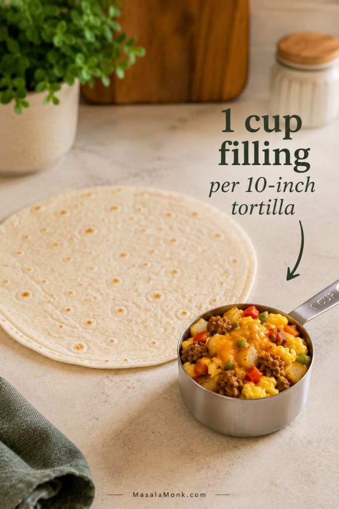 One cup of breakfast burrito filling beside a large flour tortilla for portioning freezer breakfast burritos.